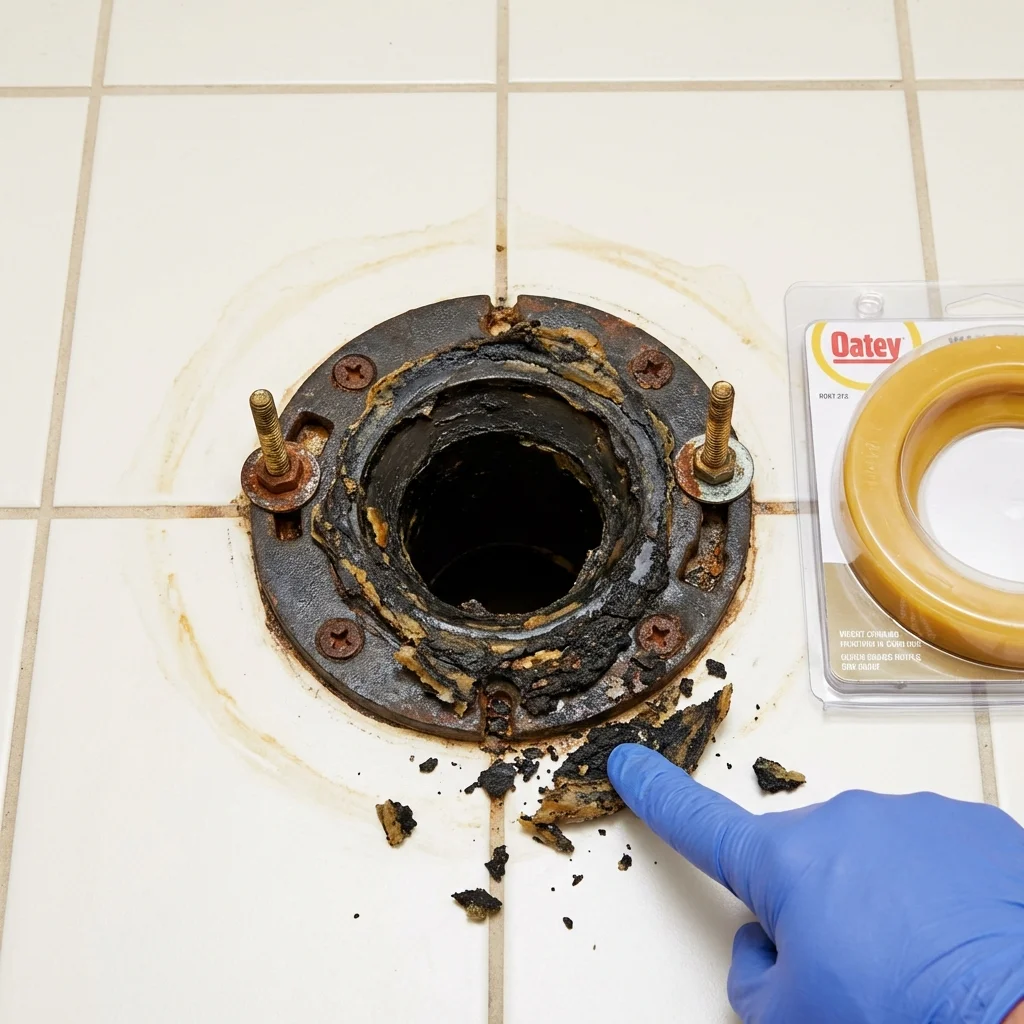 Failed wax ring showing water seepage at the base of a toilet in a Seymour, WI home