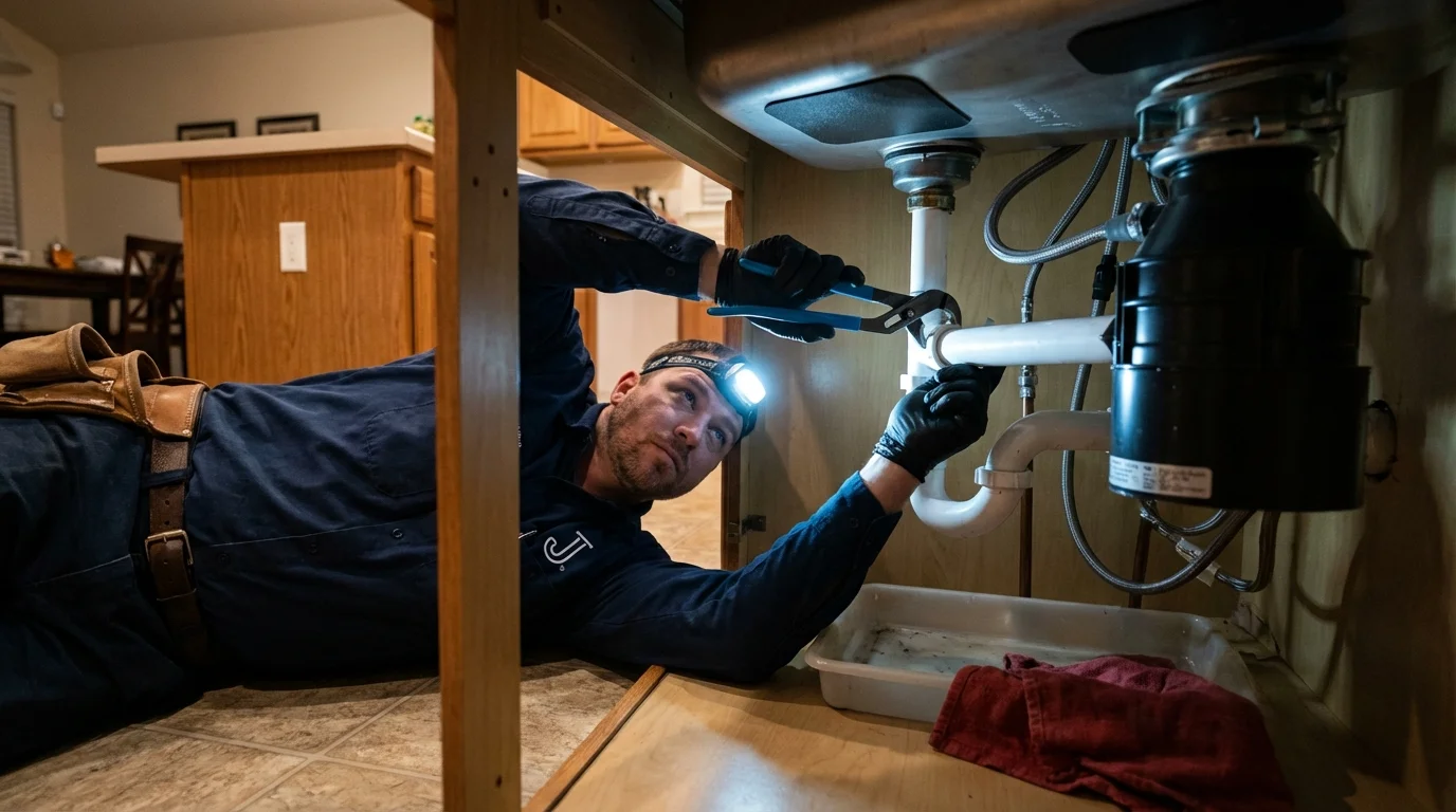 P-trap and supply line connections under a kitchen sink showing a common leak point in Seymour, WI